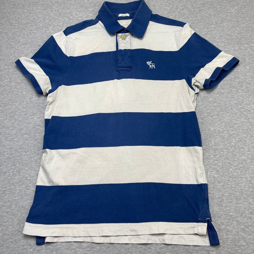 VTG Abercrombie & Fitch Muscle Polo Shirt Mens Medium Blue White Wide Stripe Y2K - Picture 1 of 8